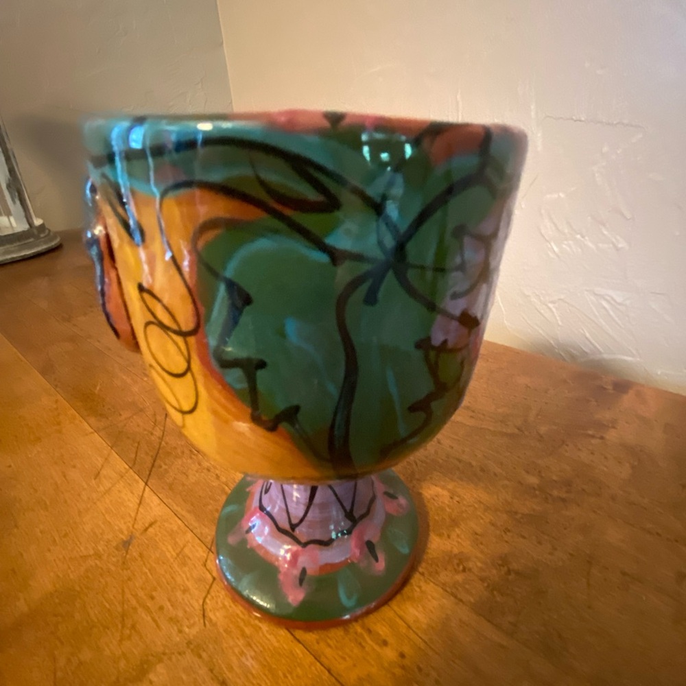 Artist Signed Colorful Abstract Art Pottery Goblet